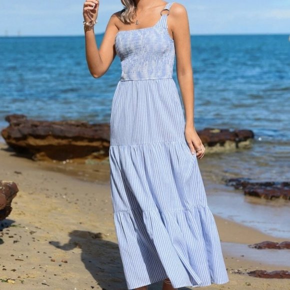 One Shoulder O-ring Detail Shirred Ruffle Hem Striped Print Dress - Picture 3 of 6